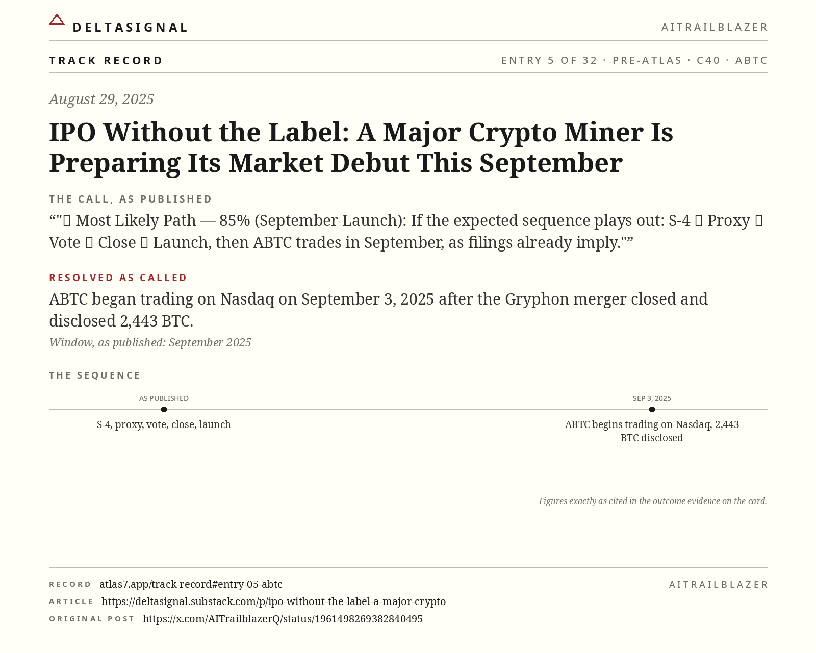ABTC track record card, entry 5 of 32, August 29, 2025. The call, as published: 🟡 Most Likely Path — 85% (September Launch): If the expected sequence plays out: S-4 → Proxy → Vote → Close → Launch, then ABTC trades in September, as filings already imply. Resolved as called: ABTC began trading on Nasdaq on September 3, 2025 after the Gryphon merger closed and disclosed 2,443 BTC.