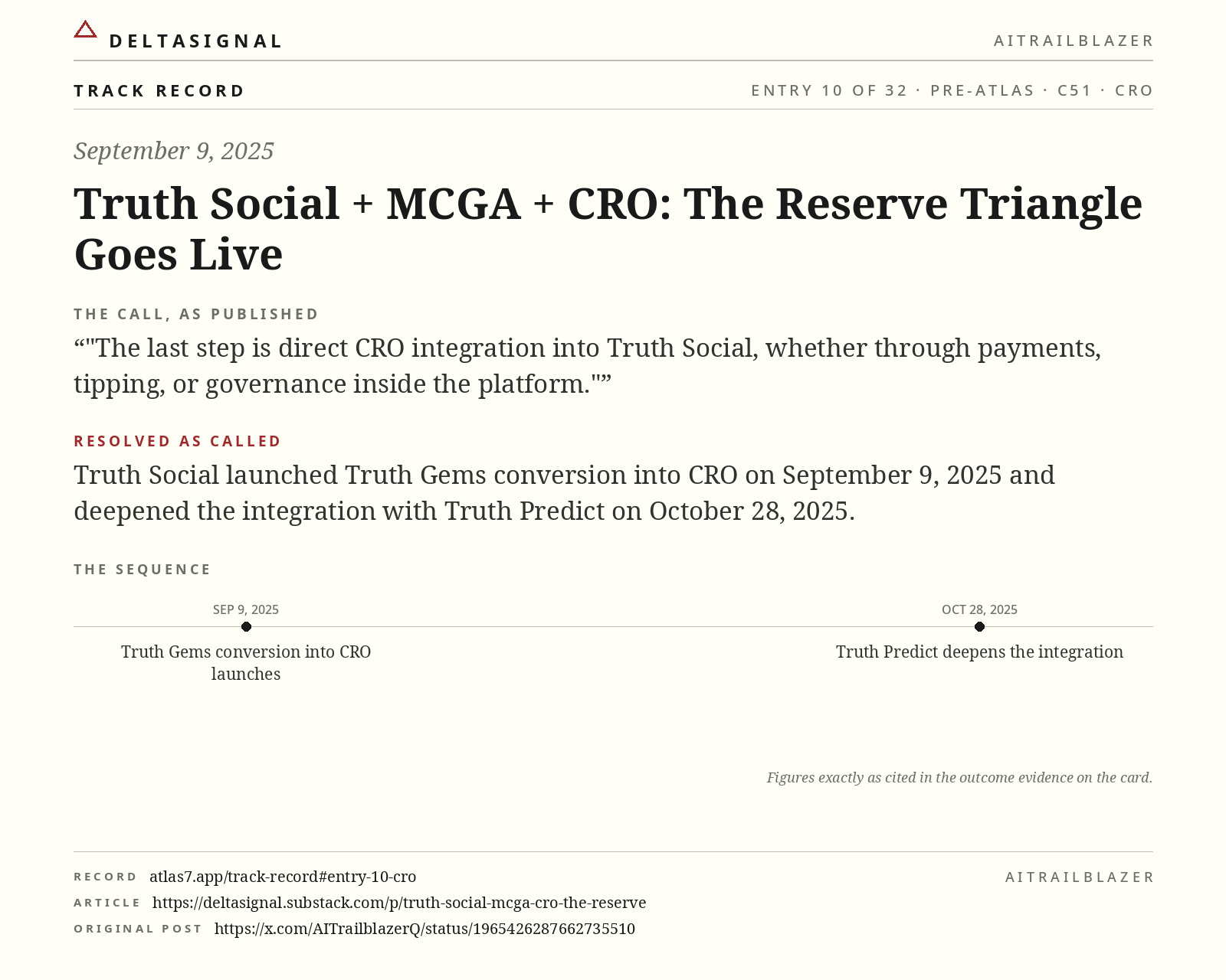 CRO track record card, entry 10 of 32, September 9, 2025. The call, as published: The last step is direct CRO integration into Truth Social, whether through payments, tipping, or governance inside the platform. Resolved as called: Truth Social launched Truth Gems conversion into CRO on September 9, 2025 and deepened the integration with Truth Predict on October 28, 2025.